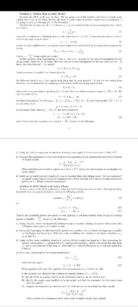 Problem 1s Golden Pule in OLG Model mxir muleta | Chegg.com