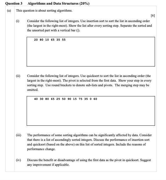 Solved Question 3 Algorithms and Data Structures (20%) (a) | Chegg.com