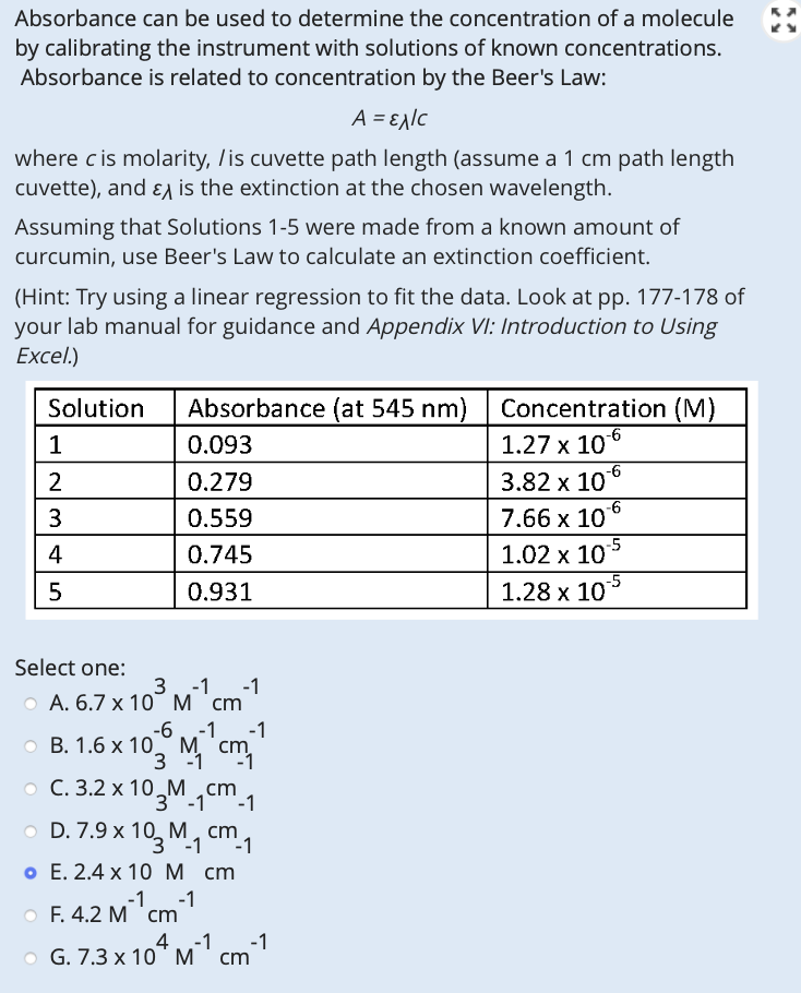 Solved Absorbance can be used to determine the concentration | Chegg.com
