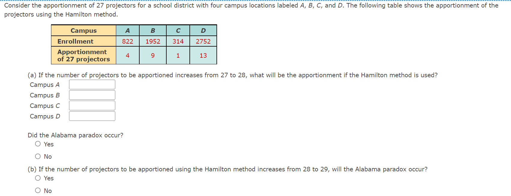 Solved Consider the apportionment of 27 projectors for a | Chegg.com