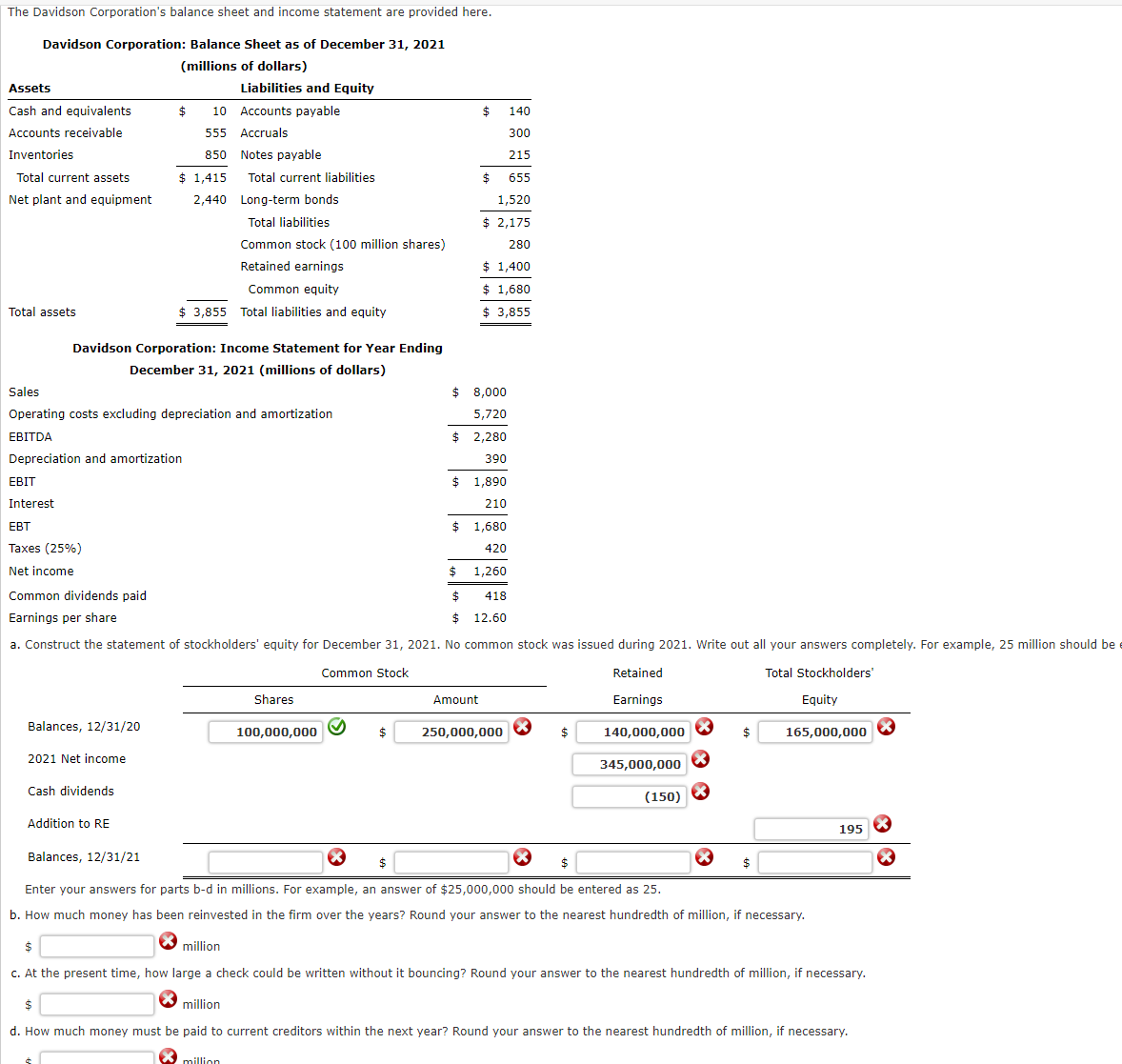 Solved The Davidson Corporation's balance sheet and income | Chegg.com