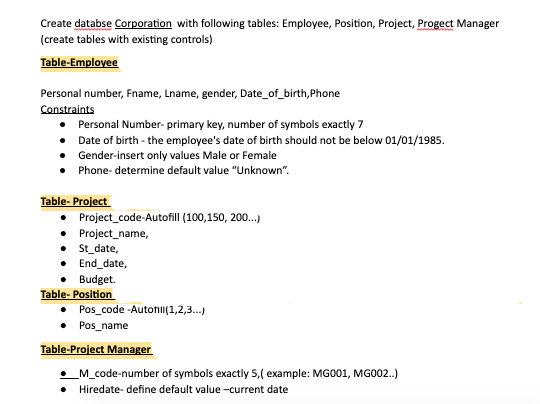 Solved SQL assignment Create databse Corporation with | Chegg.com