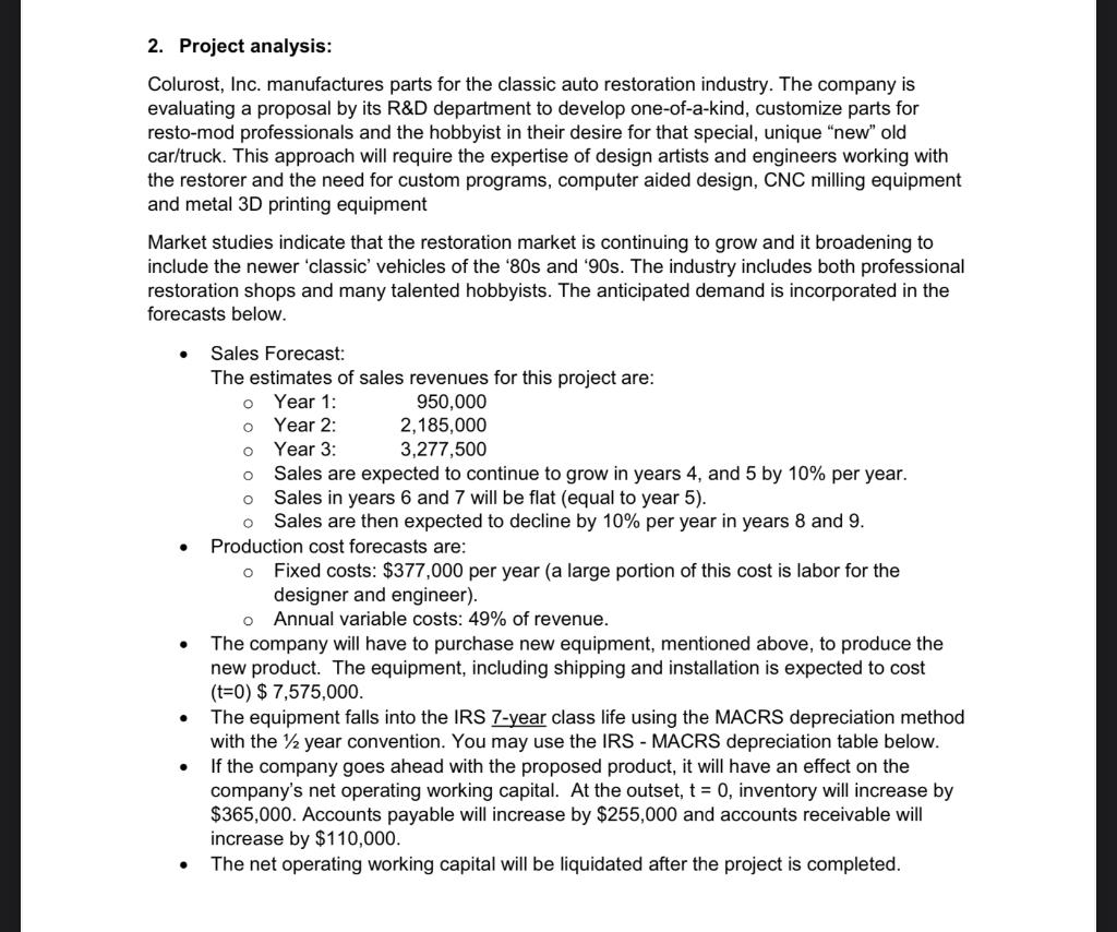 Solved 2. Project analysis: Colurost, Inc. manufactures | Chegg.com