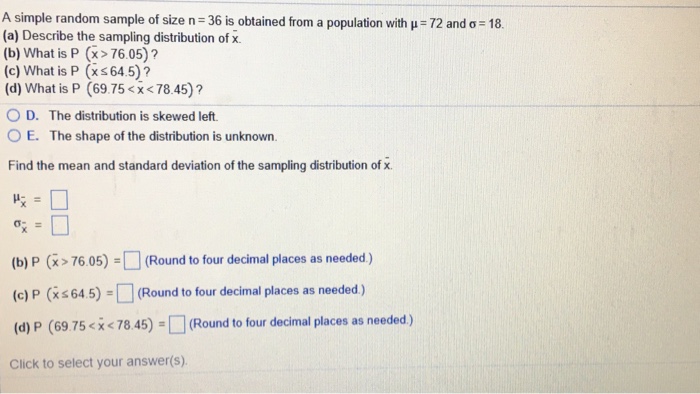Solved A simple random sample of size n-36 is obtained from | Chegg.com