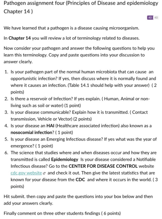 Solved Pathogen assignment four (Principles of Disease and | Chegg.com