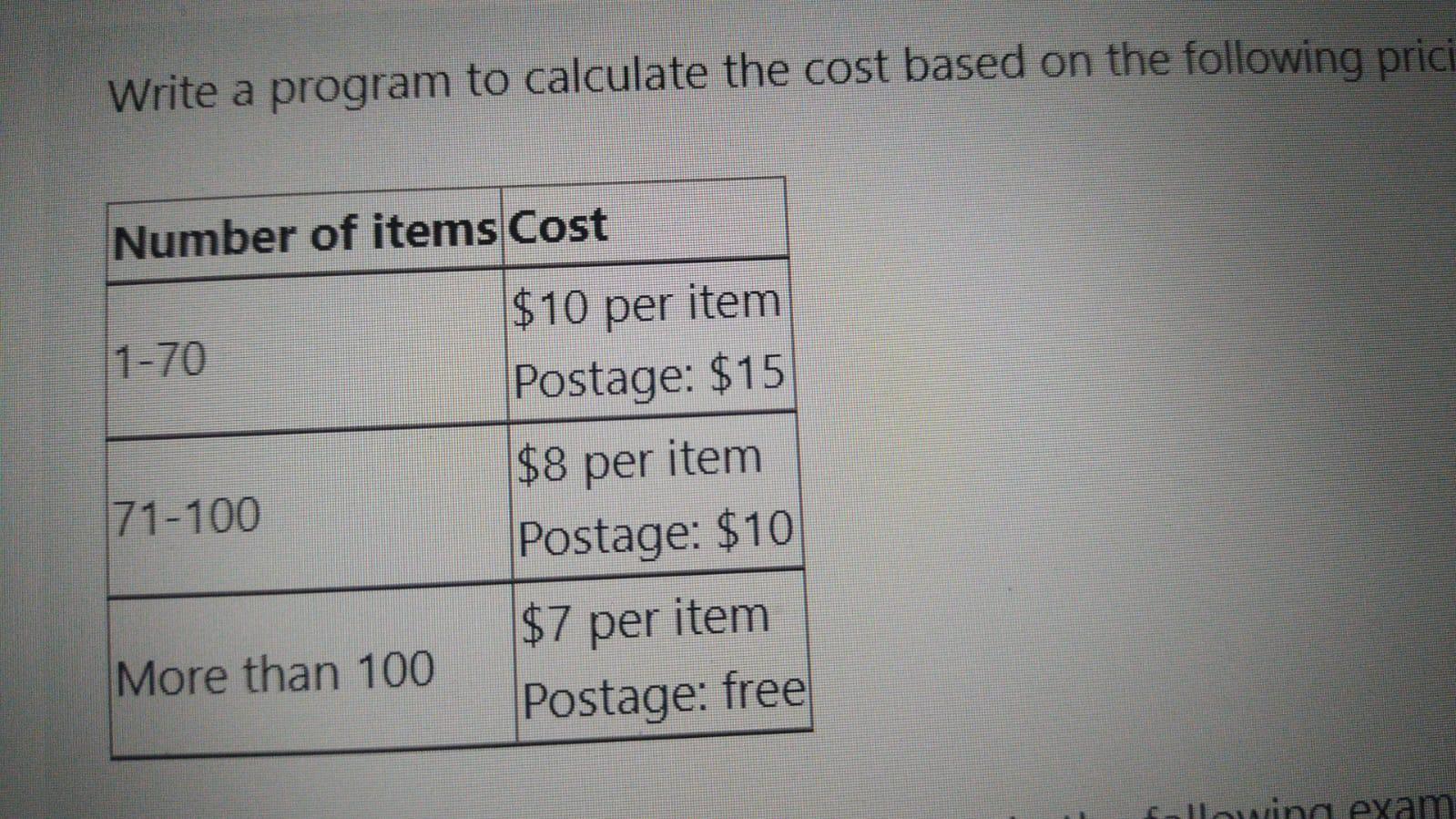 Solved Write a program to calculate the cost based on the | Chegg.com