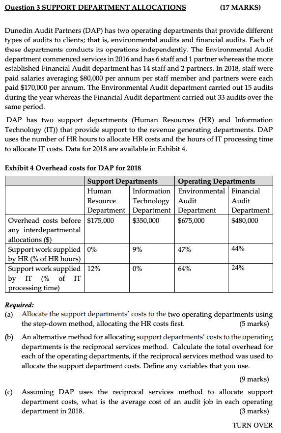 Solved Question 3 SUPPORT DEPARTMENT ALLOCATIONS (17 MARKS) | Chegg.com