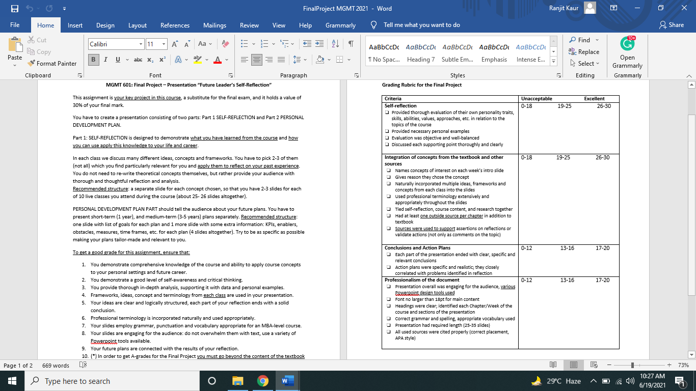 5 FinalProject MGMT 2021 - Word Ranjit Kaur o Х File | Chegg.com