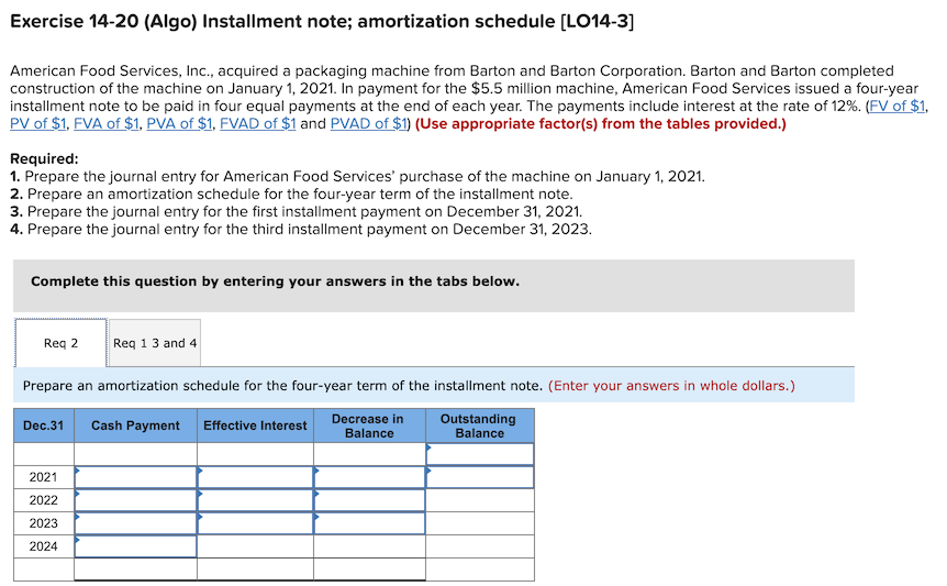 Solved Exercise 14-20 (Algo) Installment note; amortization | Chegg.com