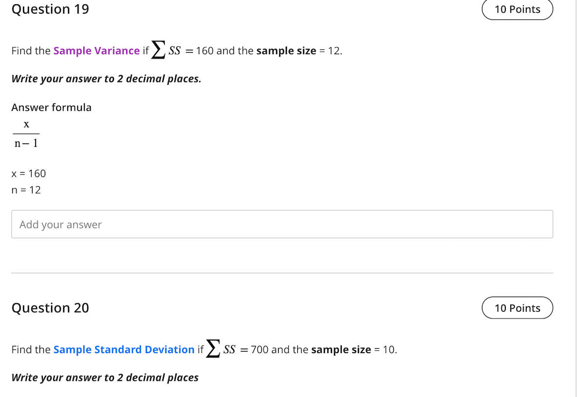 Solved Find the Sample Variance if ∑SS=160 and the sample | Chegg.com