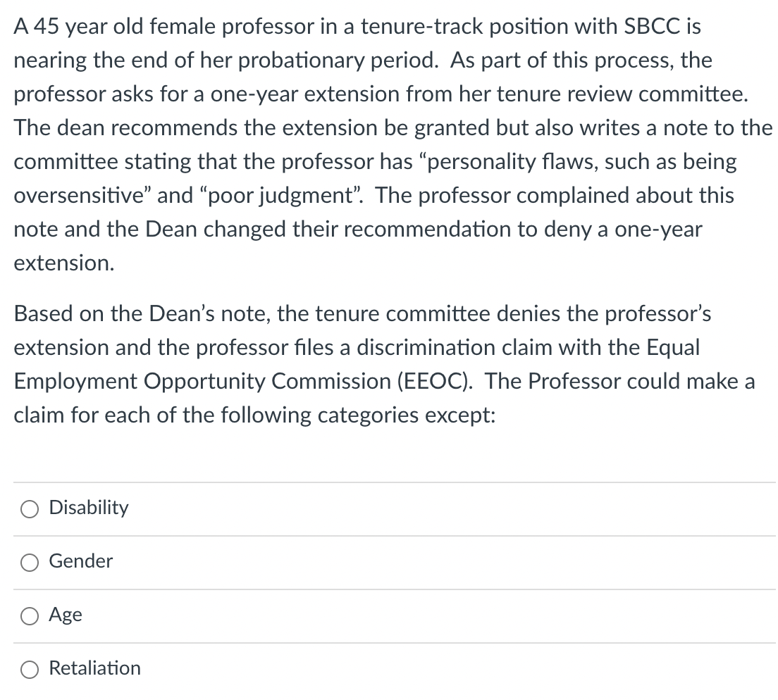 Solved A 45 Year Old Female Professor In A Tenure track Chegg