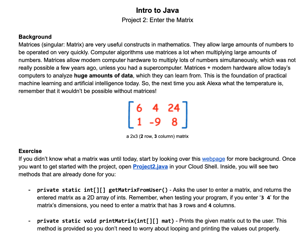 Solved Intro to Java Project 2: Enter the Matrix Background | Chegg.com