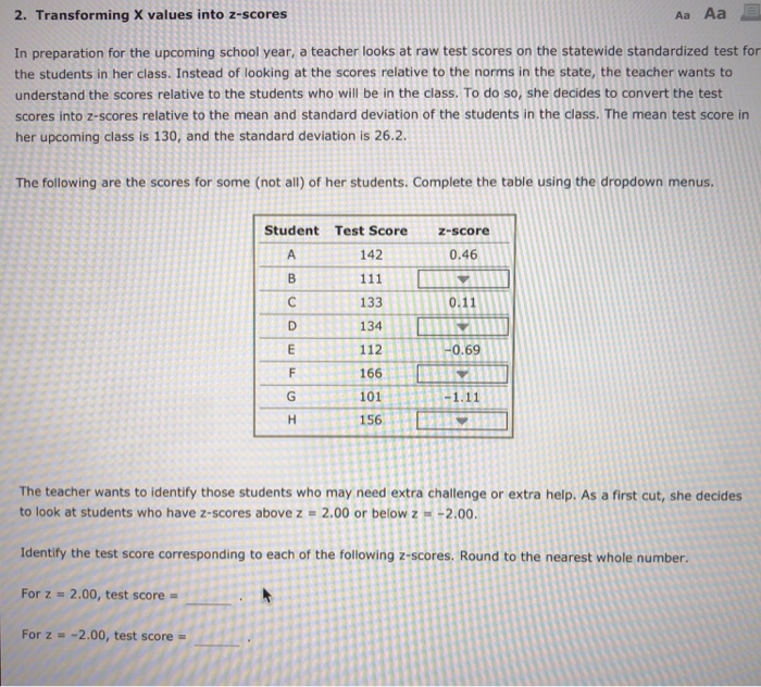 Solved 2. Transforming X values into z-scores Aa Aa In | Chegg.com