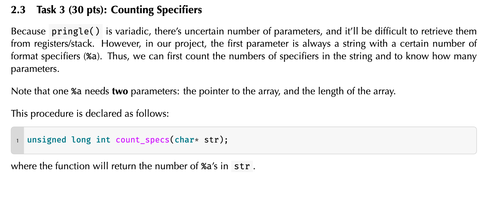 Solved 2.3 Task 3 (30 pts): Counting Specifiers Because | Chegg.com