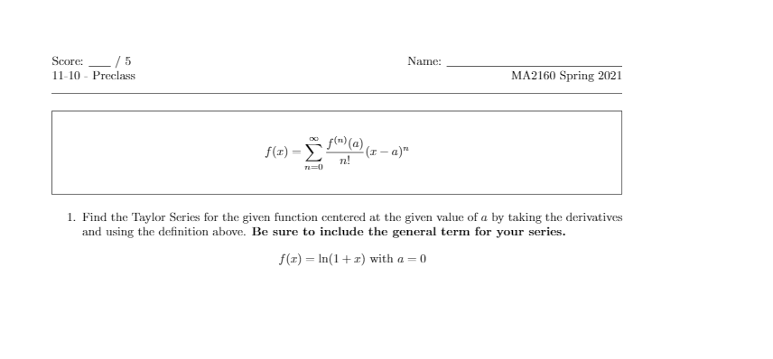 Name Score 5 11 10 Preclass Ma2160 Spring Chegg Com