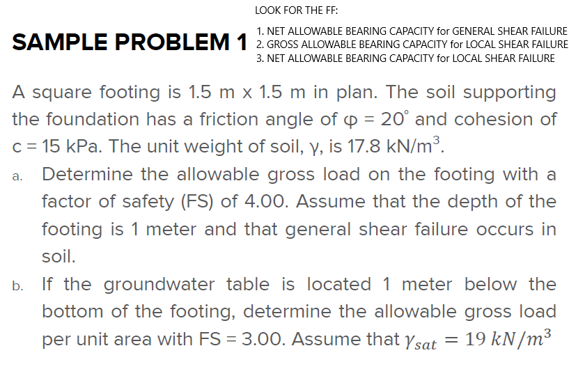 Solved look for the ff 1 net allowable bearing capacity chegg