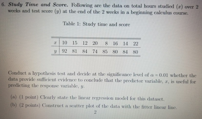 Solved 6. Study Time and Score. Following are the data on | Chegg.com