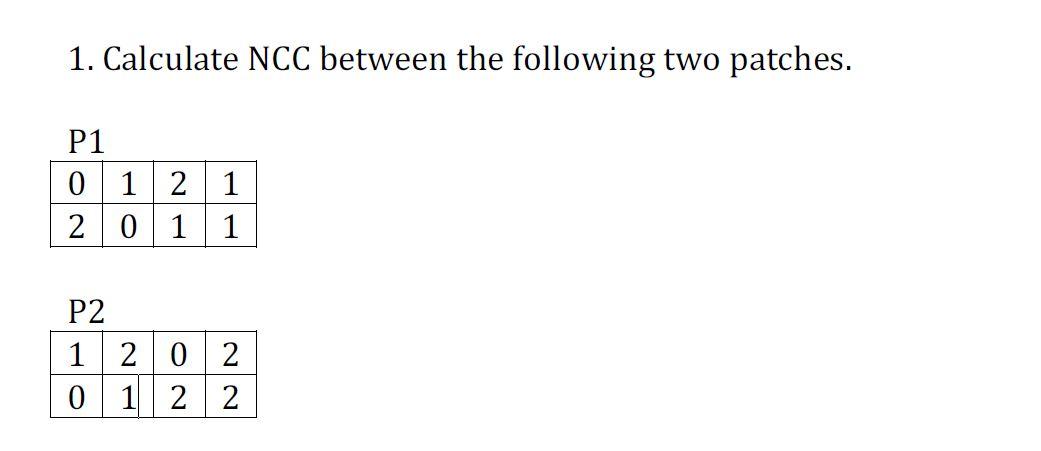 Solved 1. Calculate NCC between the following two patches. | Chegg.com