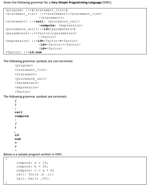 Solved Given the following grammar for a Very Simple | Chegg.com