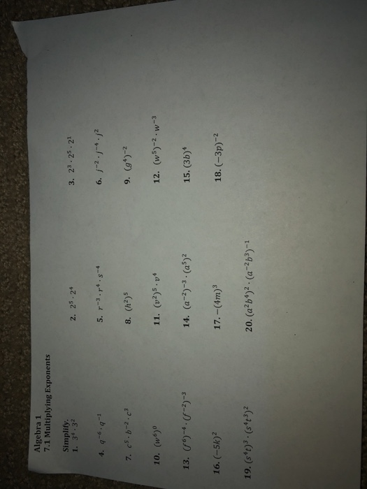 Solved Algebra 1 7.1 Multiplying Exponents Simplify 1. 3*.32 | Chegg.com