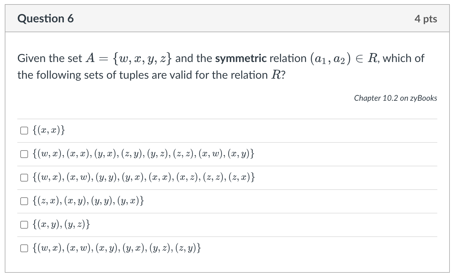 Given the set \( A=\{w, x, y, z\} \) and the symmetric relation \( \left(a_{1}, a_{2}\right) \in R \), which of the following