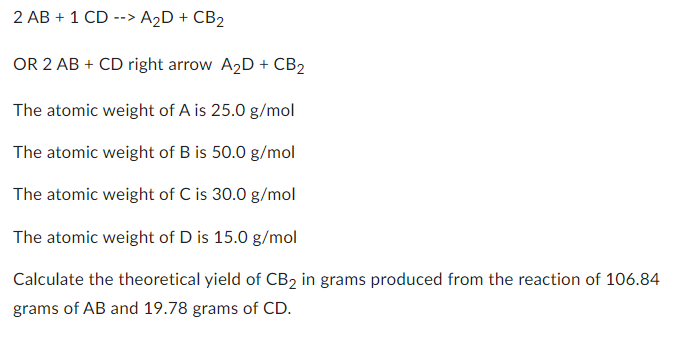 Solved 2AB+1CD−>A2D+C2 OR 2AB+CD right arrow A2D+CB2 The | Chegg.com