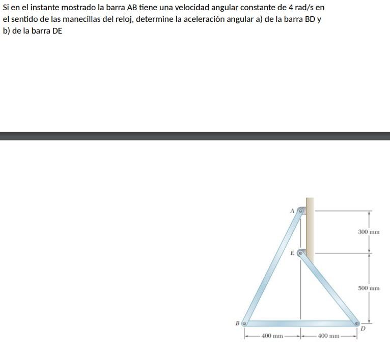 Si en el instante mostrado la barra \( \mathrm{AB} \) tiene una velocidad angular constante de \( 4 \mathrm{rad} / \mathrm{s}