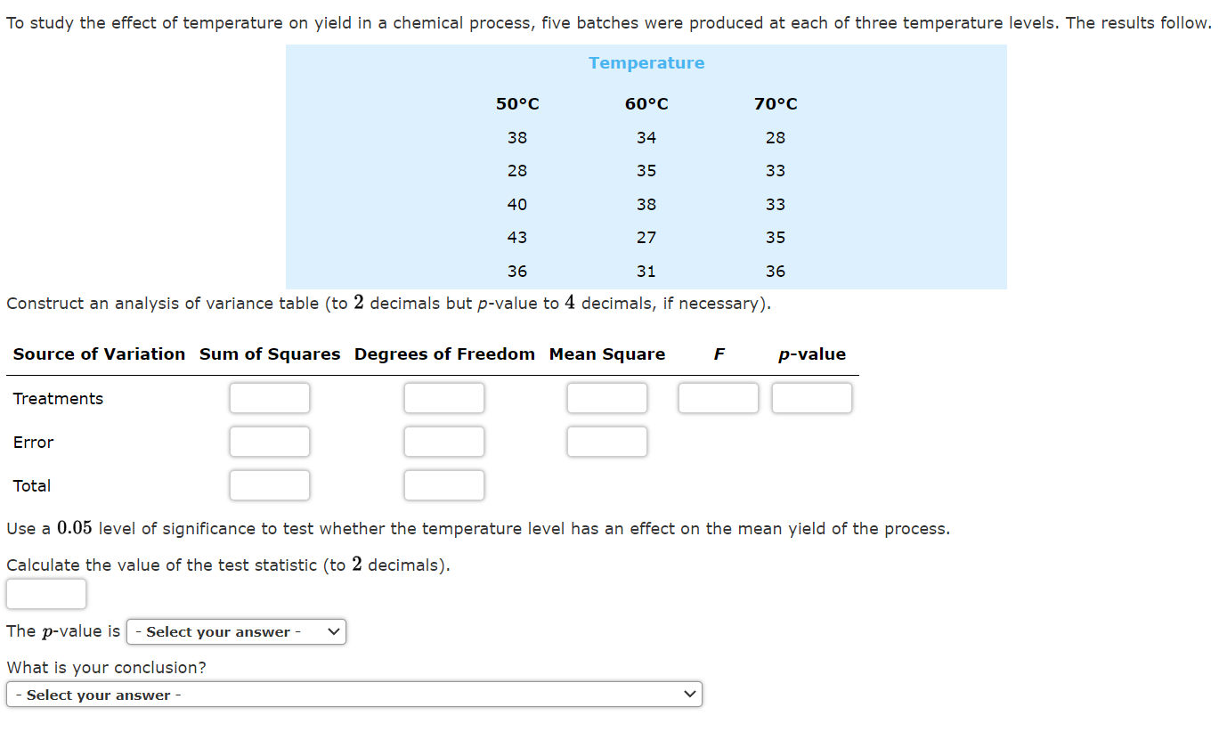 Solved To study the effect of temperature on yield in a | Chegg.com