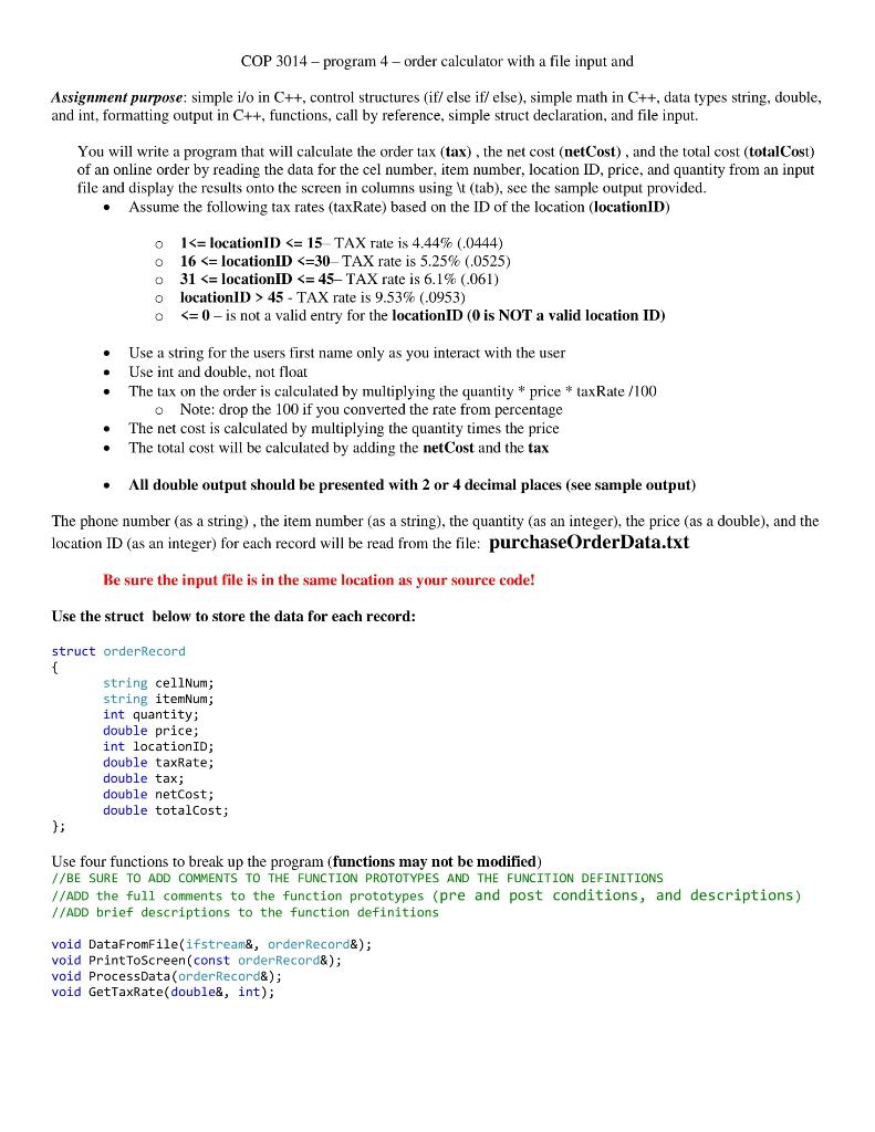 Solved COP 3014 – program 4 – order calculator with a file | Chegg.com
