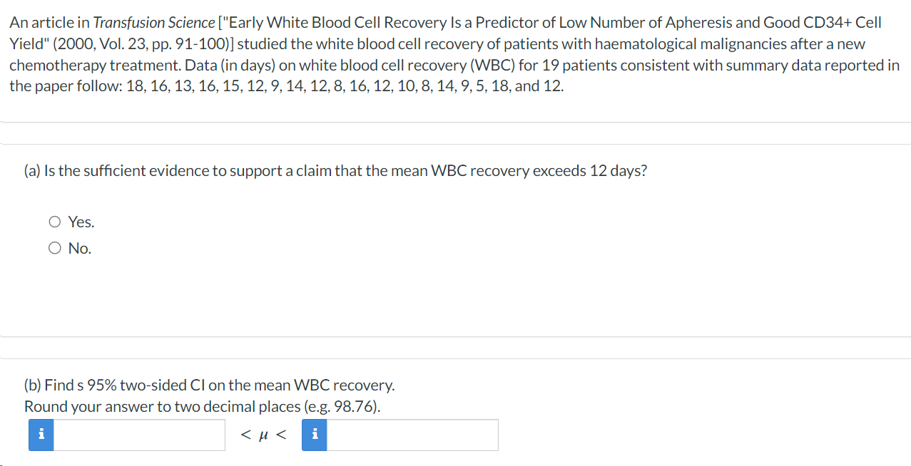 Solved An article in Transfusion Science ["Early White Blood | Chegg.com