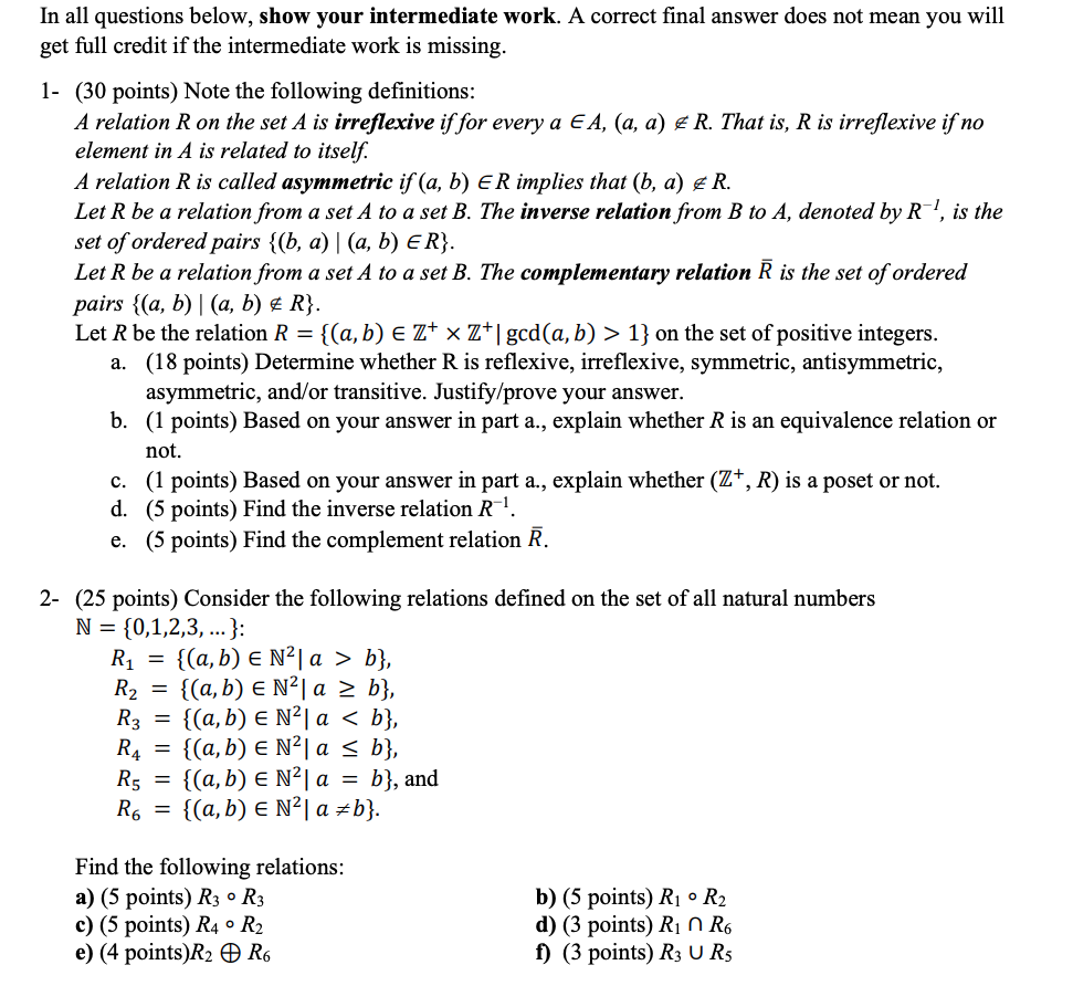 Solved In all questions below, show your intermediate work