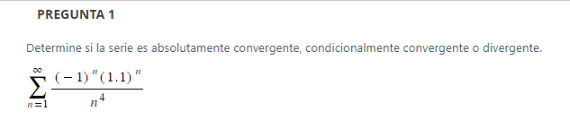 Determine si la serie es absolutamente convergente, condicionalmente convergente o divergente. \( \sum_{n=1}^{\infty} \frac{(