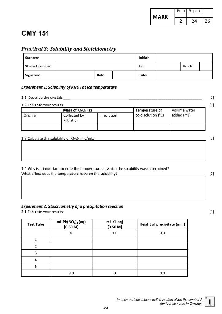 Practical 3: Solubility and Stoichiometry Experiment | Chegg.com
