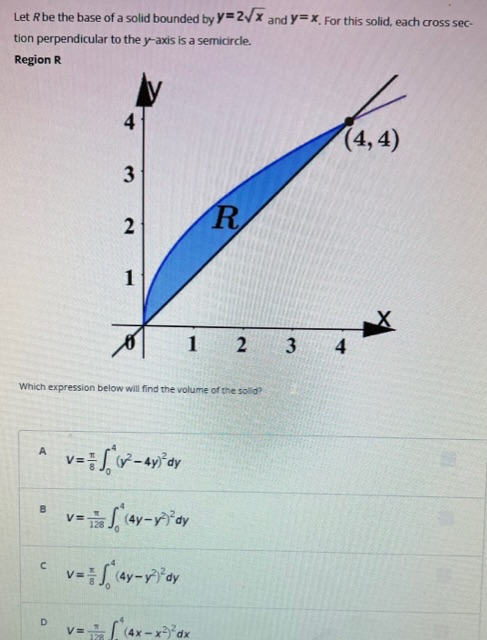Solved Let R be the base of a solid bounded by y=2x and y=x. | Chegg.com