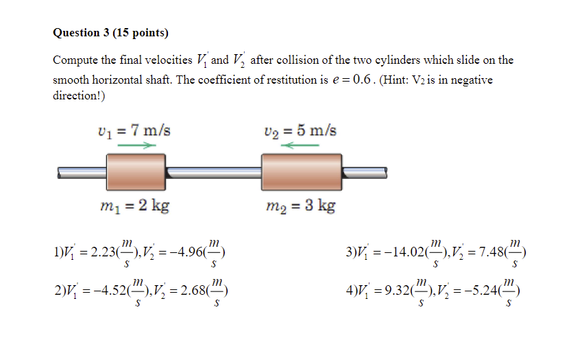 Solved Question 3 (15 ﻿points)Compute the final velocities | Chegg.com