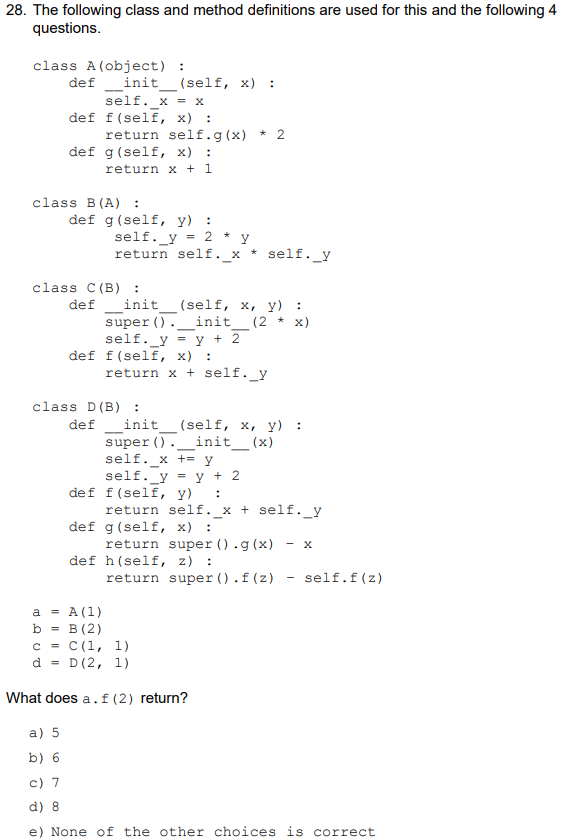 Solved 28. The following class and method definitions are | Chegg.com