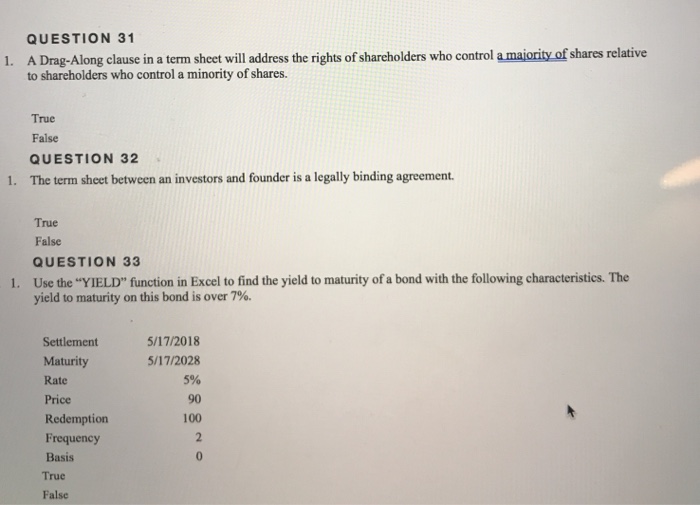 Solved QUESTION 31 1. A DragAlong clause in a term sheet