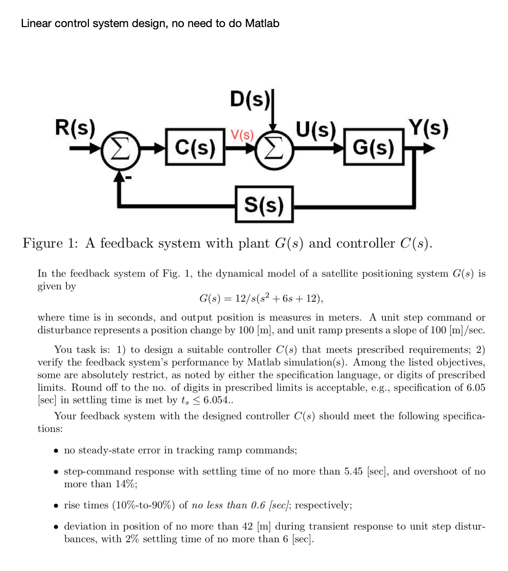 Linear control system design, no need to do Matlab | Chegg.com