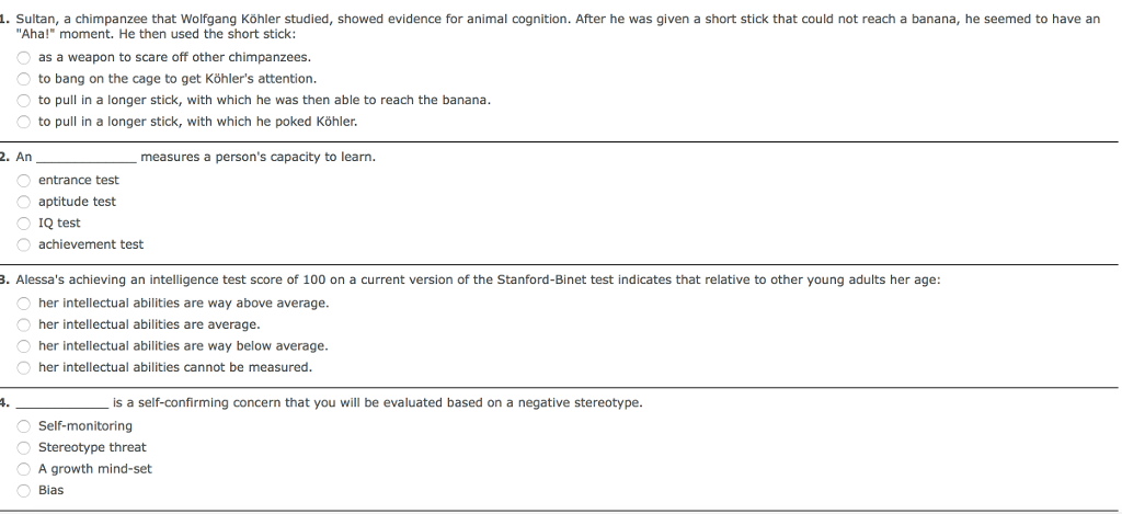 Solved 1. Sultan, a chimpanzee that Wolfgang Köhler studied, | Chegg.com