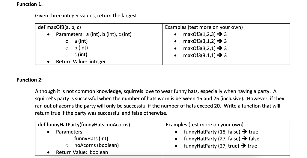 Solved Function 1: Given three integer values, return the | Chegg.com