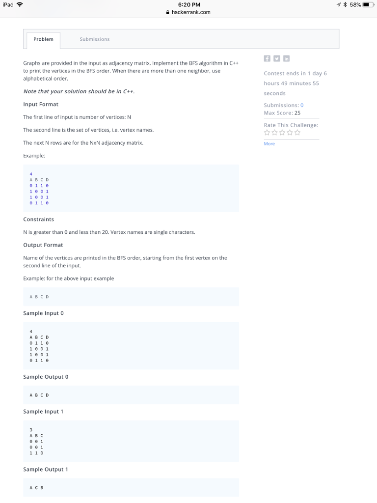 Solved iPad * 58% 6:20 PM hackerrank.com Problem Graphs are | Chegg.com