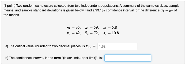 Solved (1 point) Two random samples are selected from two | Chegg.com