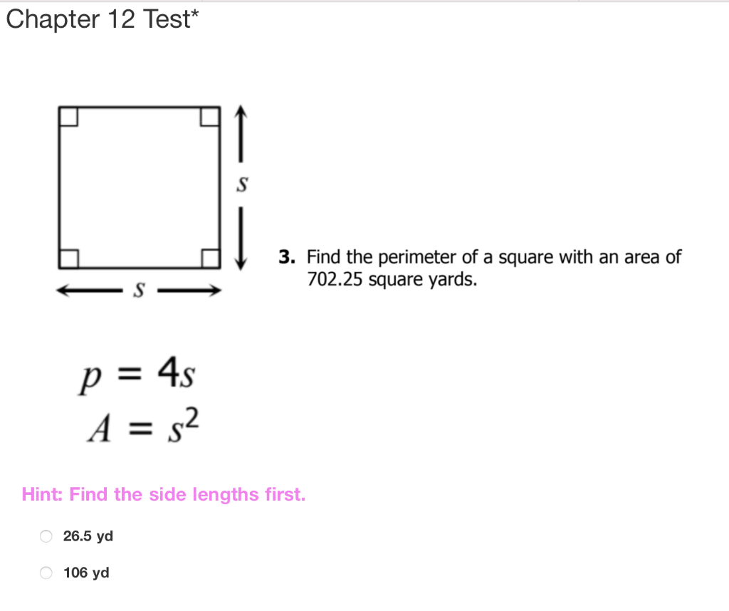 Solved Chapter 12 Test S 3 Find The Perimeter Of A Square 3180