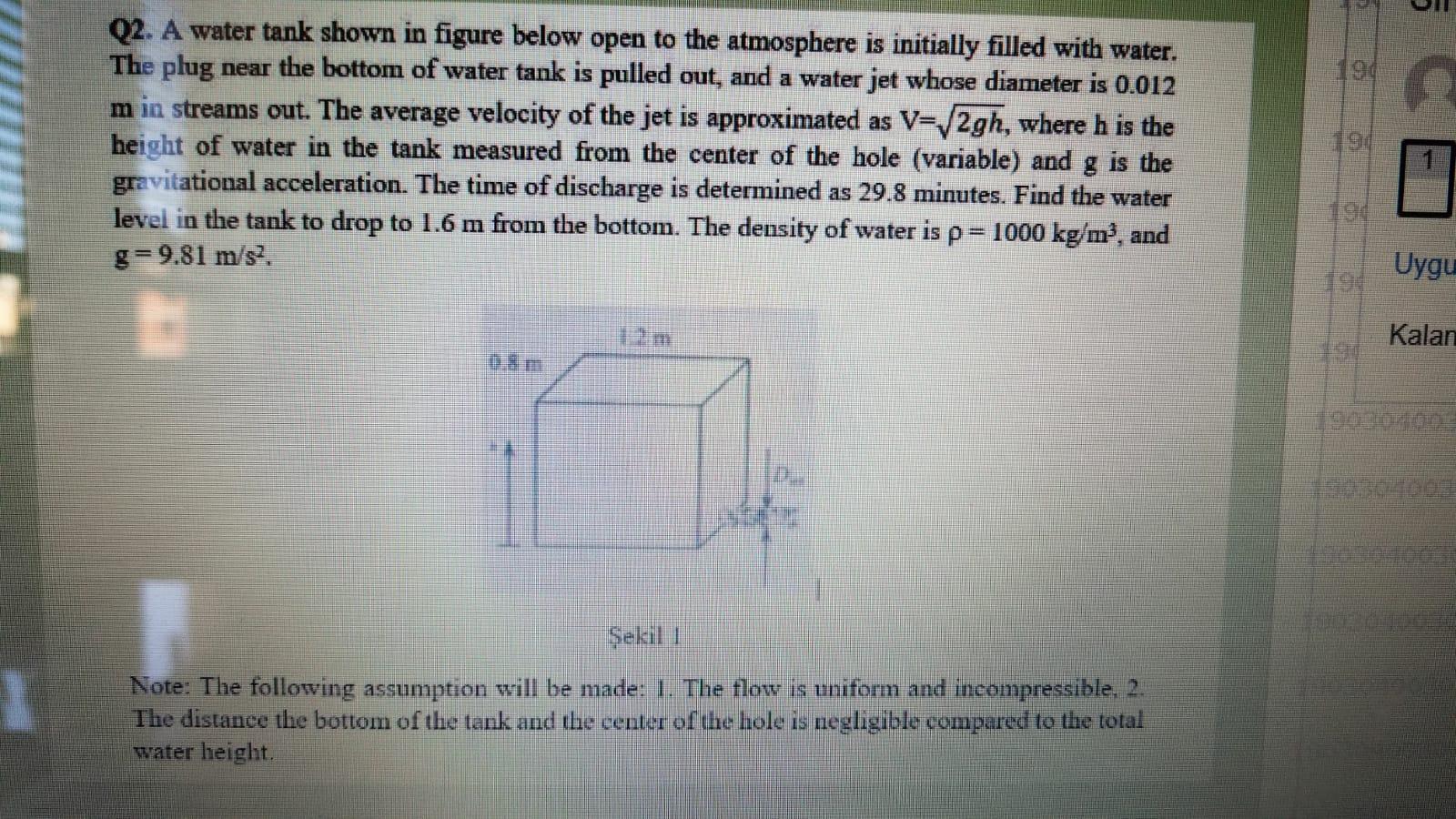 Solved Q2. A water tank shown in figure below open to the | Chegg.com