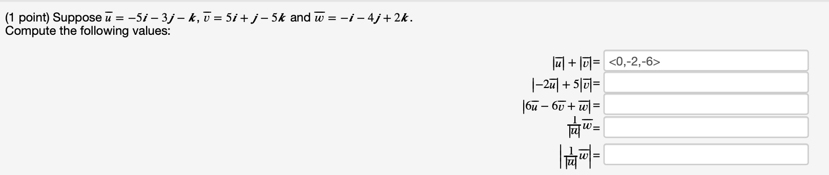 Solved = (1 Point) Suppose ū= -5i – 3j - K, ū= 5i+j – 5k And | Chegg.com