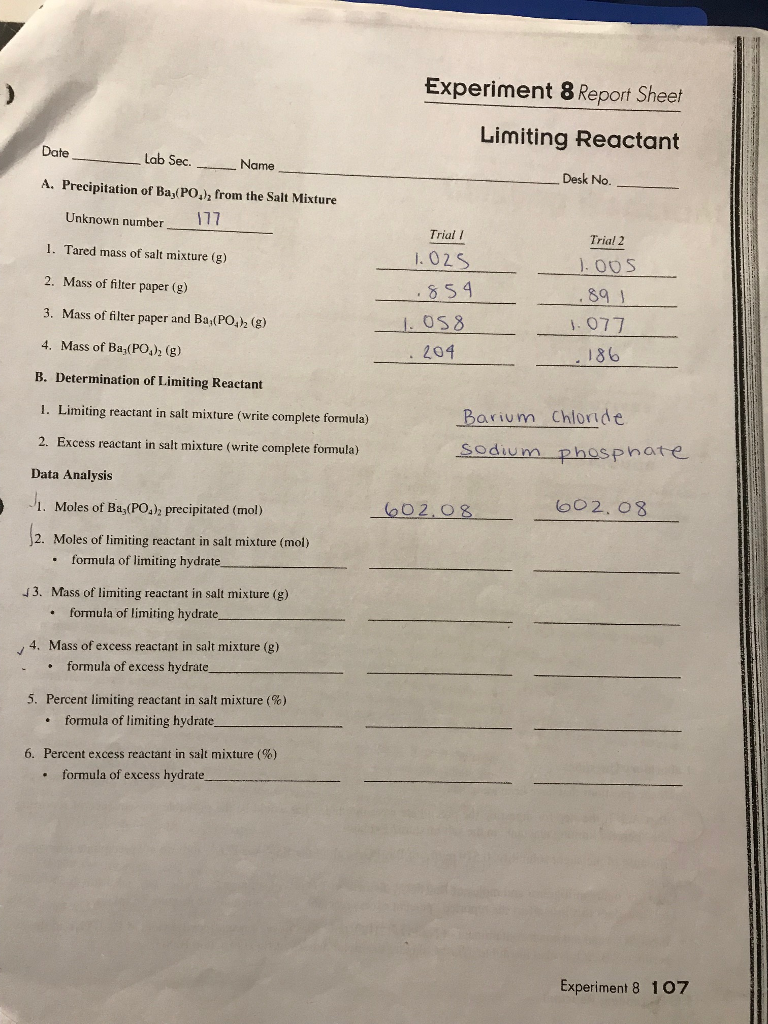 Experiment 8 Report Sheet Limiting Reactant Desk No._ | Chegg.com