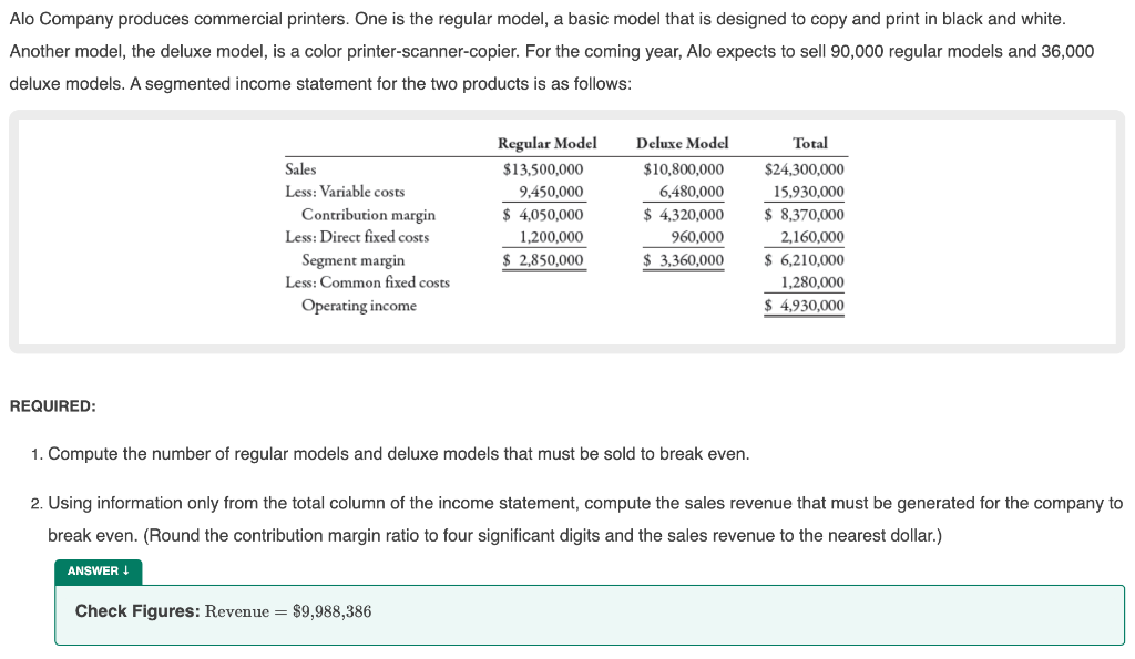 Solved Alo Company produces commercial printers. One is the