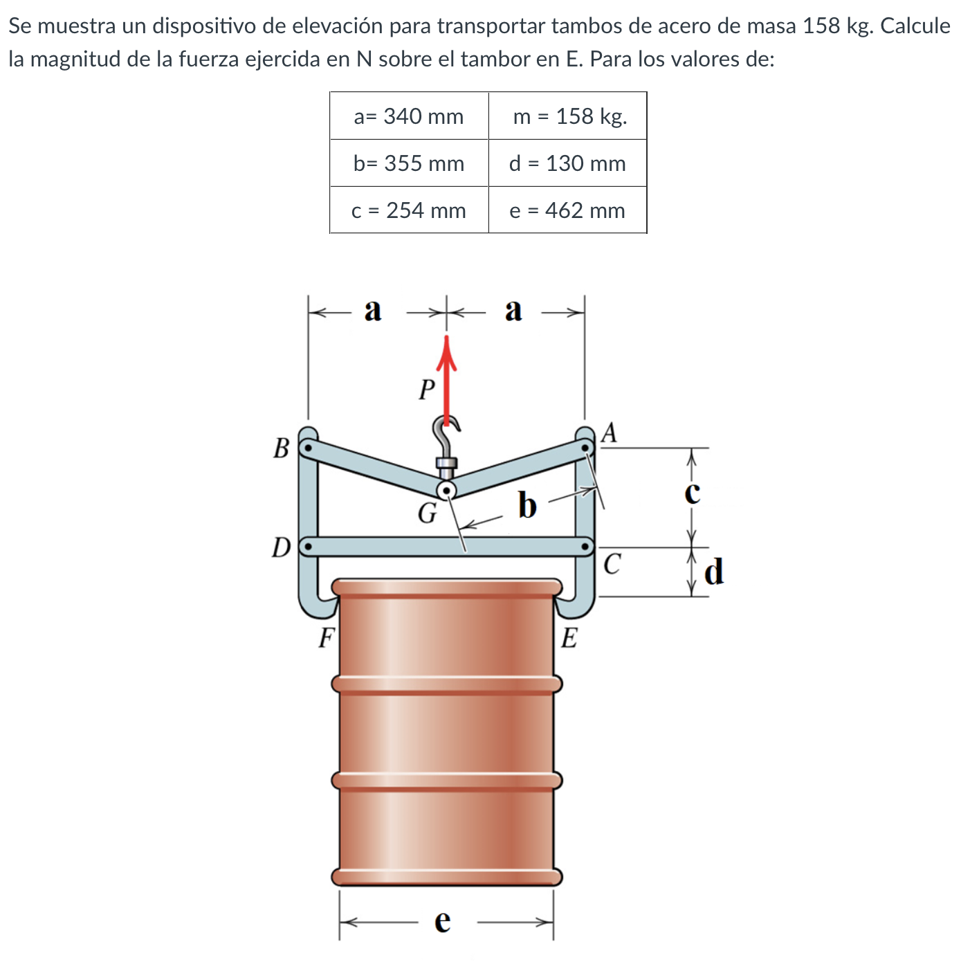 Se muestra un dispositivo de elevación para transportar tambos de acero de masa \( 158 \mathrm{~kg} \). Calcule la magnitud d