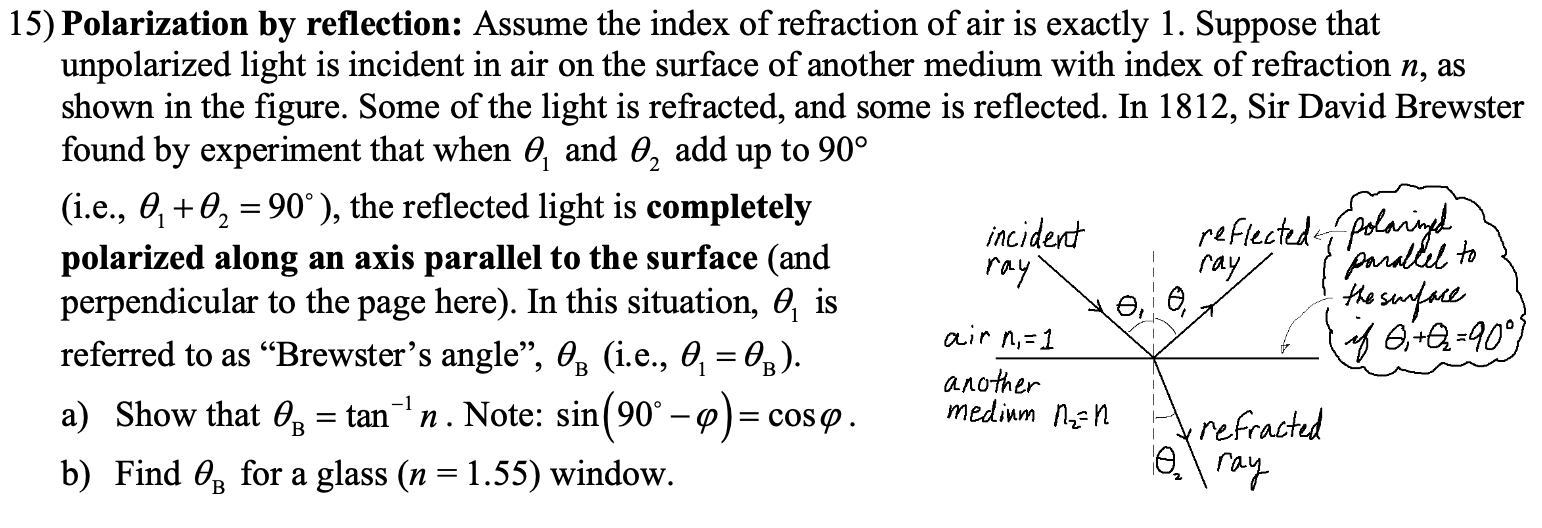 Solved 15) Polarization by reflection: Assume the index of | Chegg.com