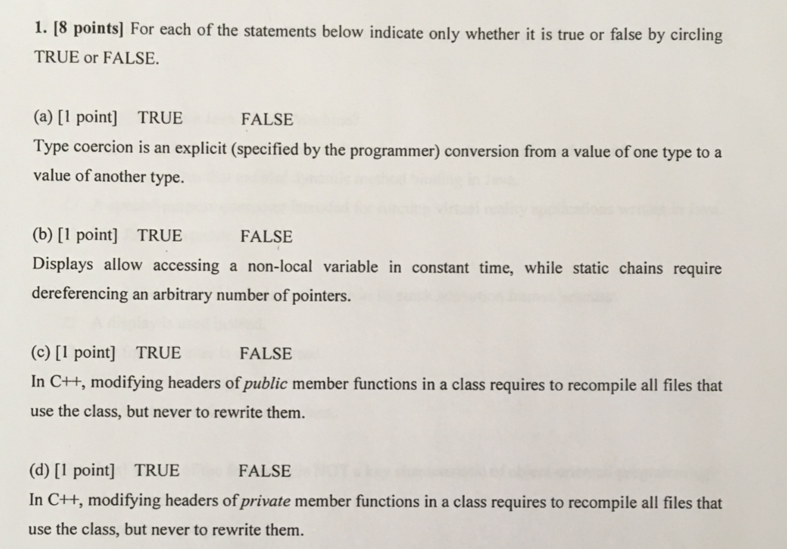 Solved 1. [8 points) For each of the statements below | Chegg.com